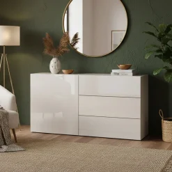 Credenza bassa bianco lucida 110x40x35h cm 1 anta e 3 cassetti - Benvenuta