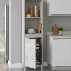 Credenza Beige Bianco Anticato Cassetti 3 Ripiani 49x28x174h cm, Apertura Push Pull - Spineda