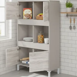 Madie|Credenze > Dmora Credenza Beige Bianco Cassetti 3 Ripiani 78x33x134h cm, Apertura Push Pull - Mezzate Bianco, Beige