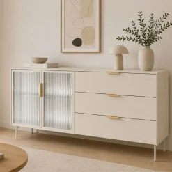 Credenze > Dmora Credenza Beige Cashmere oro un Ripiano 3 Cassetti 181x39x83h cm, 2 Ante - Hara Oro, Beige Cashmere