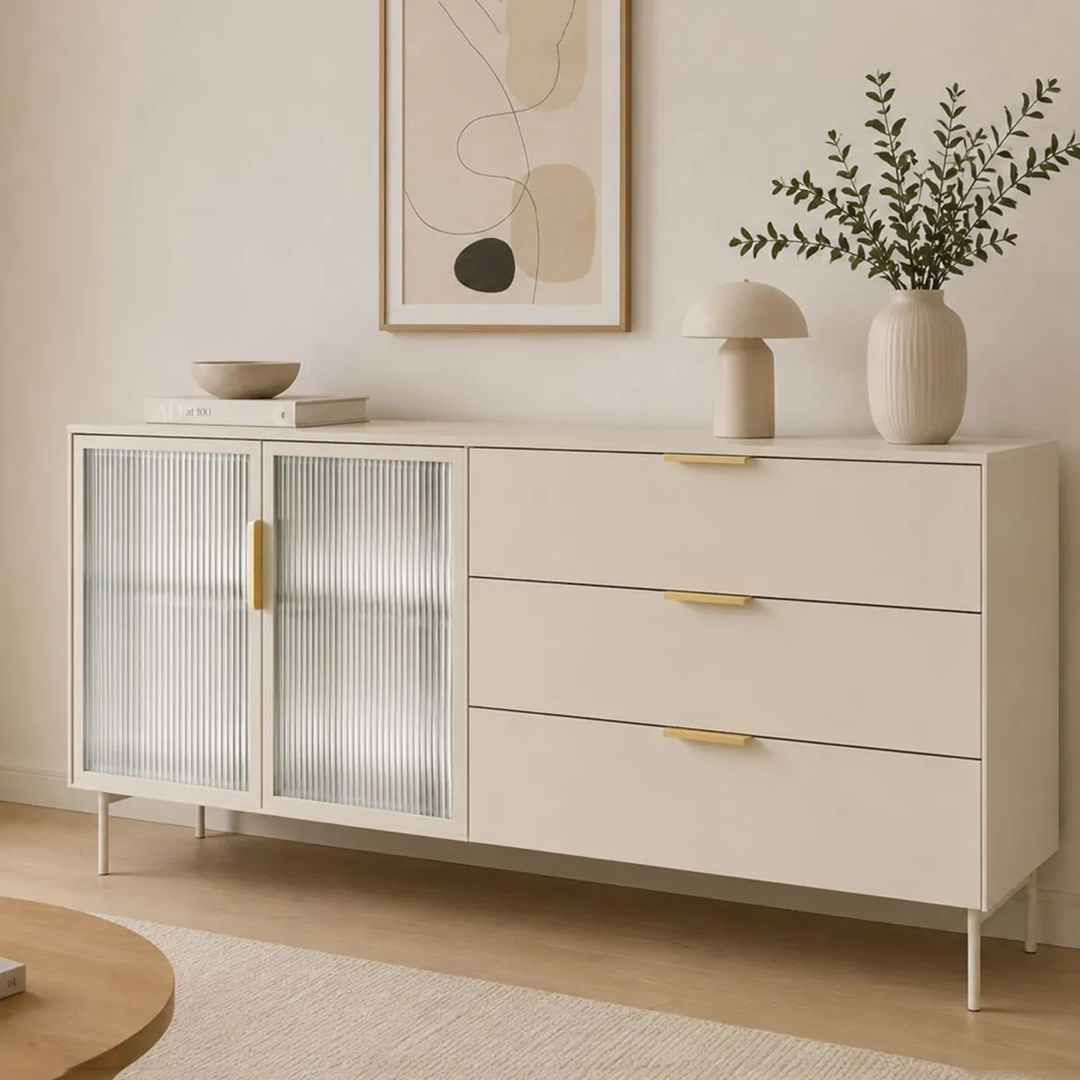 Credenze > Dmora Credenza Beige Cashmere oro un Ripiano 3 Cassetti 181x39x83h cm, 2 Ante - Hara Oro, Beige Cashmere