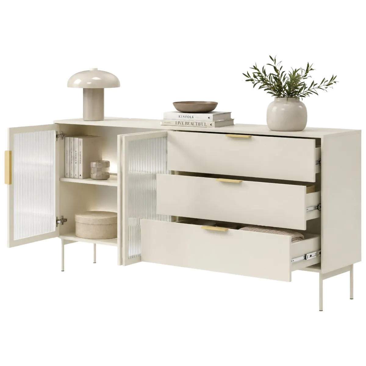 Credenze > Dmora Credenza Beige Cashmere oro un Ripiano 3 Cassetti 181x39x83h cm, 2 Ante - Hara Oro, Beige Cashmere