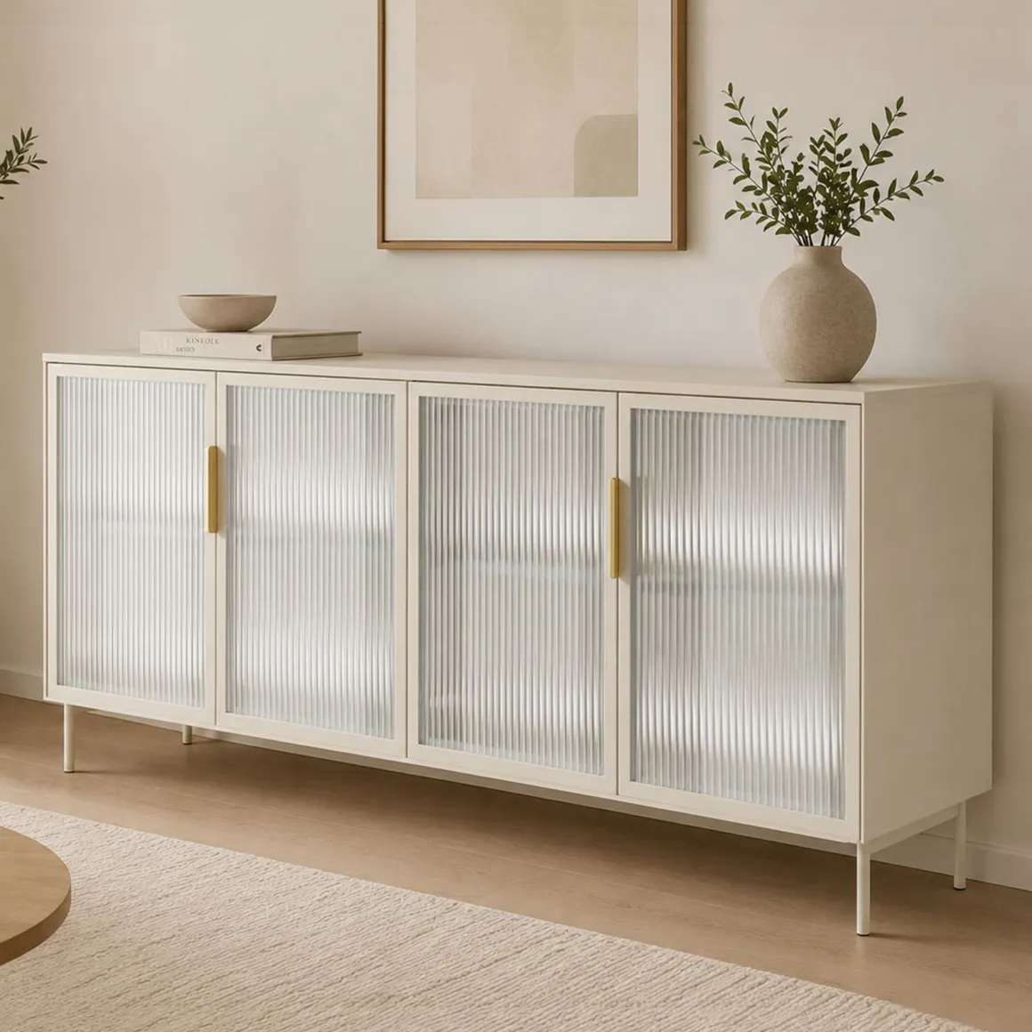 Credenza Beige Cashmere Trasparente 4 Ripiani Apertura Battente 181x39x83h cm, 4 Ante - Hapa