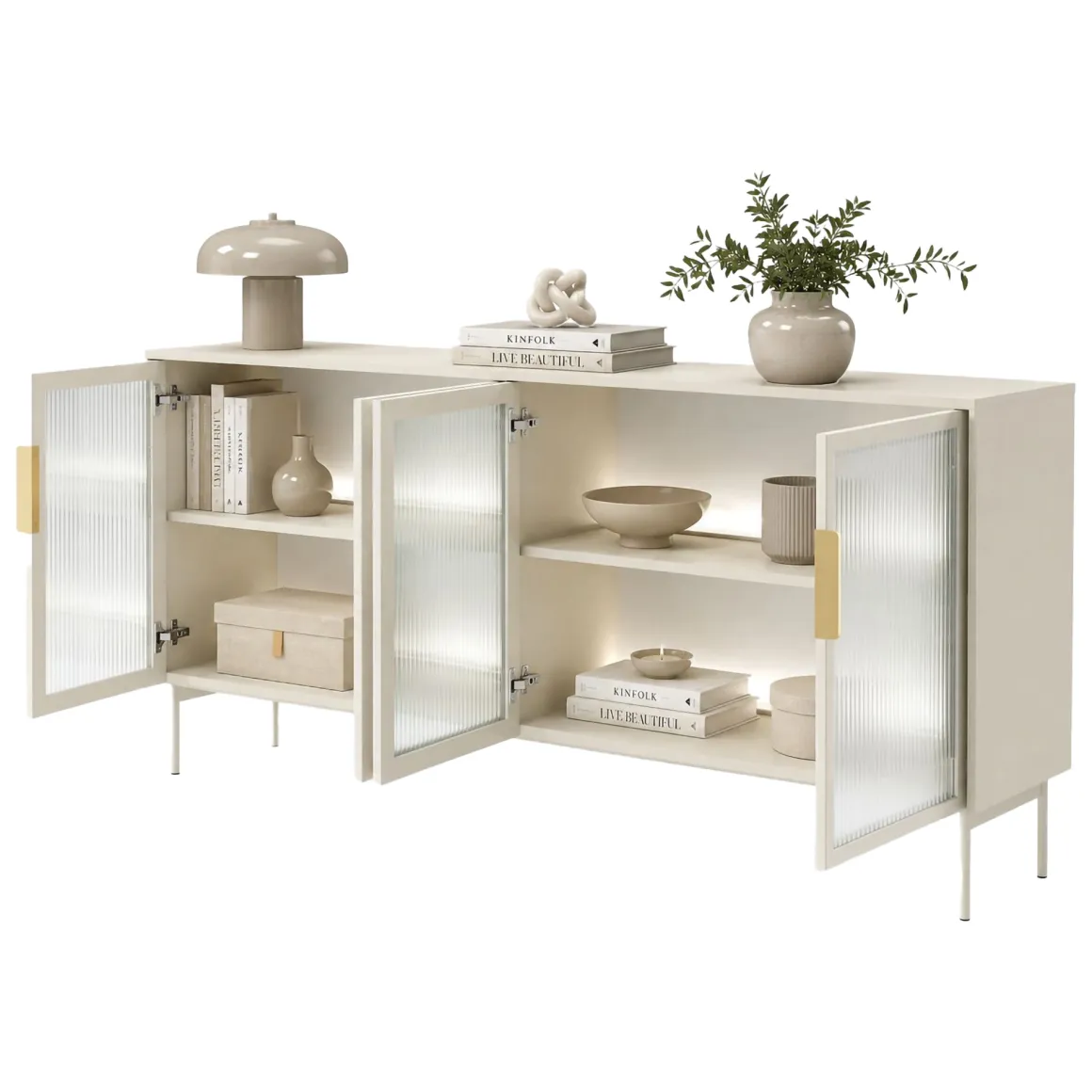 Credenza Beige Cashmere Trasparente 4 Ripiani Apertura Battente 181x39x83h cm, 4 Ante - Hapa