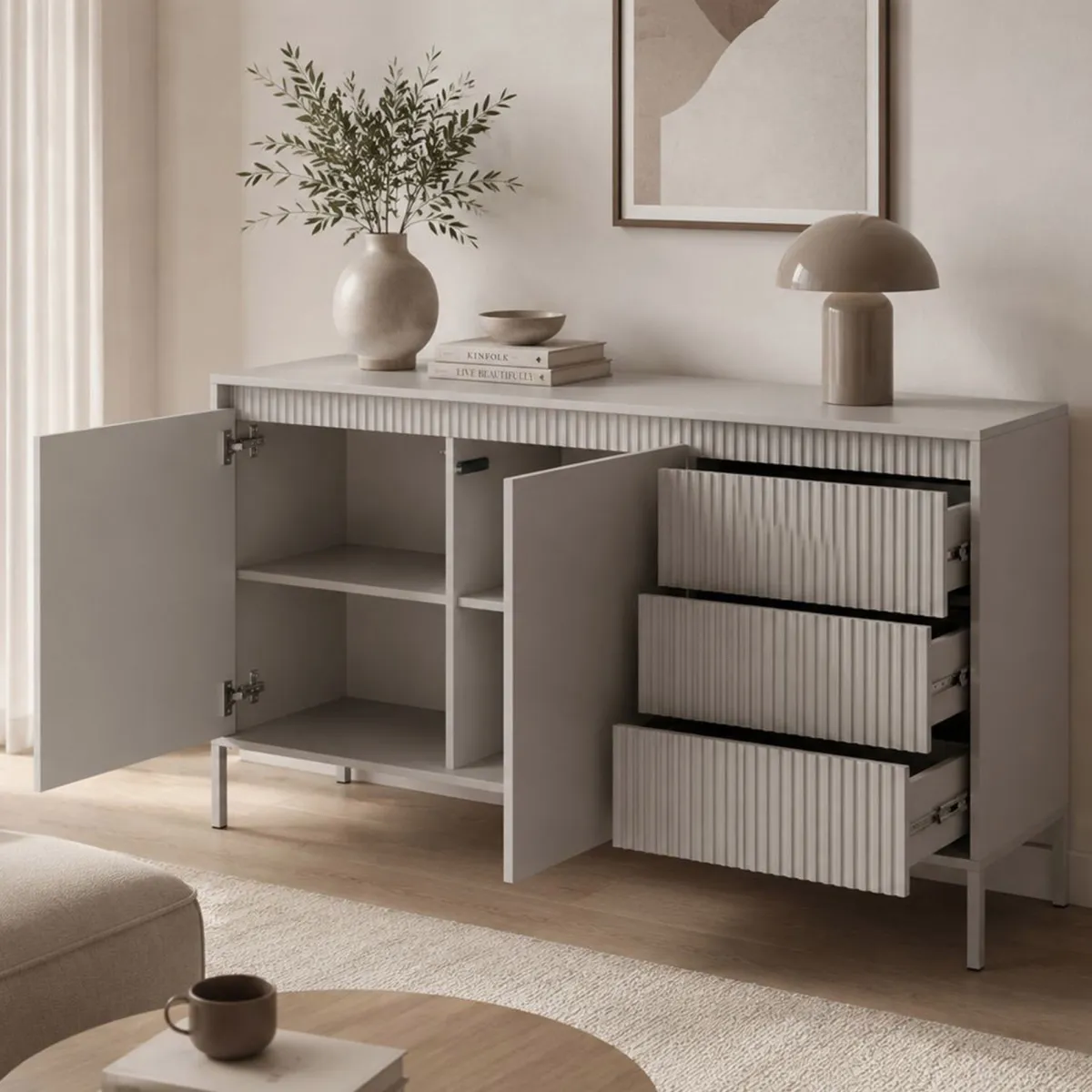 Credenze > Dmora Credenza 3 Cassetti 2 Ripiani 154x40x81h cm, Apertura Battente, Scorrevole - Hatomo Beige
