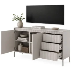 Credenze > Dmora Credenza 3 Cassetti 2 Ripiani 154x40x81h cm, Apertura Battente, Scorrevole - Hatomo Beige