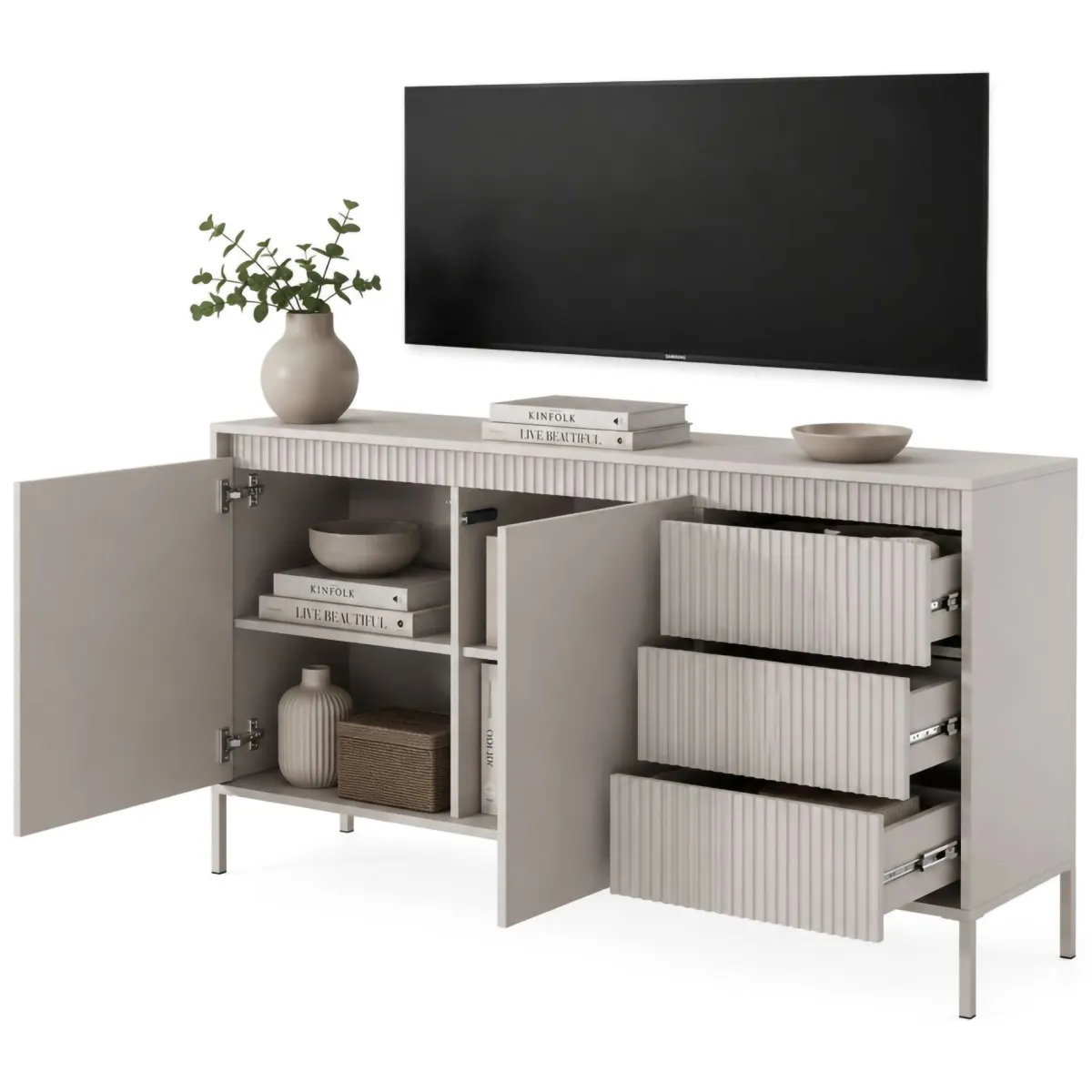Credenze > Dmora Credenza 3 Cassetti 2 Ripiani 154x40x81h cm, Apertura Battente, Scorrevole - Hatomo Beige