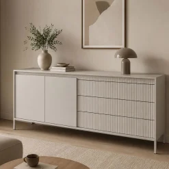Credenza Beige 3 Cassetti 2 Ripiani 187x40x81h cm, Apertura Battente, Scorrevole - Hatone