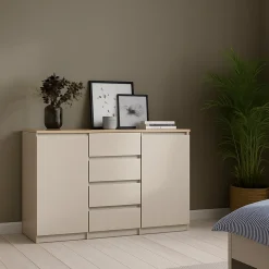 Credenza Beige 4 Cassetti 2 Ripiani 121x50x91h cm, Apertura Battente, Scorrevole - Angelika