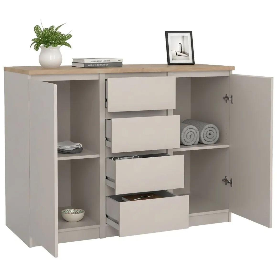 Credenza Beige 4 Cassetti 2 Ripiani 121x50x91h cm, Apertura Battente, Scorrevole - Angelika