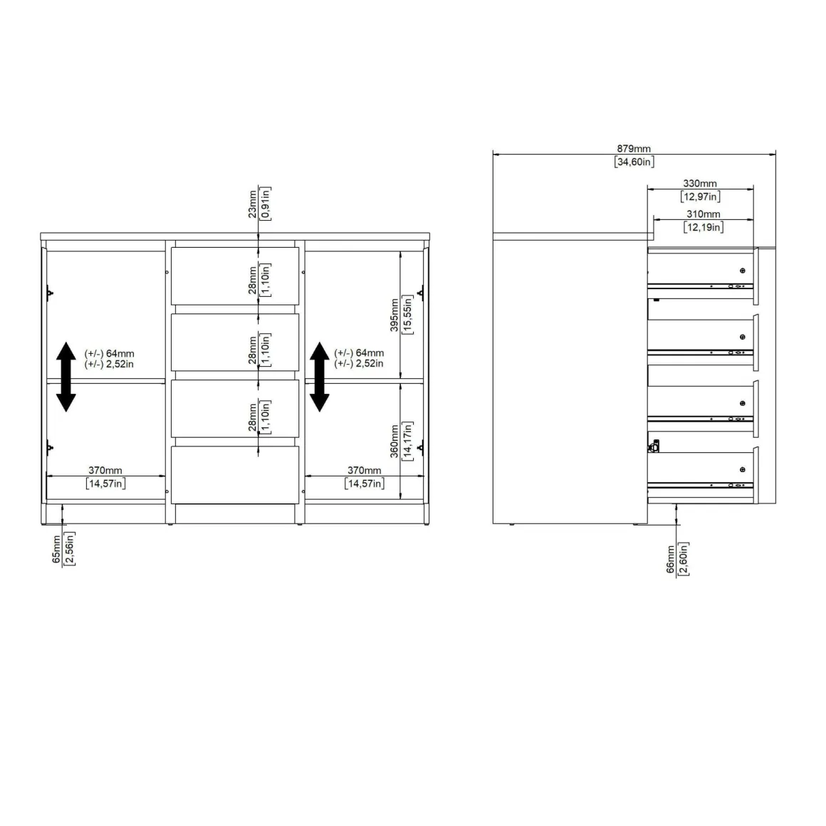 Credenza Beige 4 Cassetti 2 Ripiani 121x50x91h cm, Apertura Battente, Scorrevole - Angelika