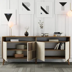 Madie|Credenze > Dmora Credenza Beige Marmo Marrone Marmo 2 Ripiani 4 Ante 180x35x78h cm, 6 Vani - Roattos Marrone Marmo, Beige Marmo
