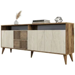 Madie|Credenze > Dmora Credenza Beige Marmo Marrone Marmo 2 Ripiani 4 Ante 180x35x78h cm, 6 Vani - Roattos Marrone Marmo, Beige Marmo