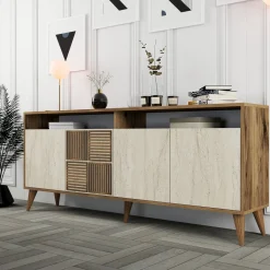 Madie|Credenze > Dmora Credenza Beige Marmo Marrone Marmo 2 Ripiani 4 Ante 180x35x78h cm, 6 Vani - Roattos Marrone Marmo, Beige Marmo