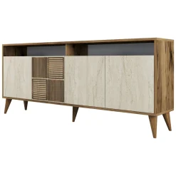 Madie|Credenze > Dmora Credenza Beige Marmo Marrone Marmo 2 Ripiani 4 Ante 180x35x78h cm, 6 Vani - Roattos Marrone Marmo, Beige Marmo