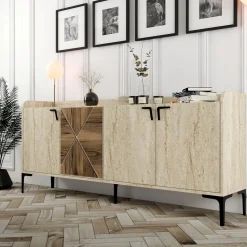 Madie|Credenze > Dmora Credenza Beige Marmo Marrone Rovere 2 Ripiani 4 Ante 120x30x74h cm, 4 Vani - Venerina Marrone Rovere, Beige Marmo