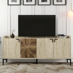 Madie|Credenze > Dmora Credenza Beige Marmo Marrone Rovere 2 Ripiani 4 Ante 120x30x74h cm, 4 Vani - Venerina Marrone Rovere, Beige Marmo