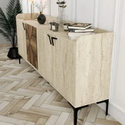 Madie|Credenze > Dmora Credenza Beige Marmo Marrone Rovere 2 Ripiani 4 Ante 120x30x74h cm, 4 Vani - Venerina Marrone Rovere, Beige Marmo