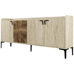 Madie|Credenze > Dmora Credenza Beige Marmo Marrone Rovere 2 Ripiani 4 Ante 120x30x74h cm, 4 Vani - Venerina Marrone Rovere, Beige Marmo