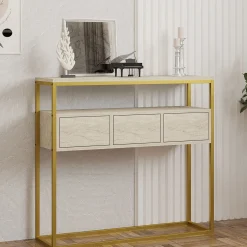 Credenza Beige Marmo oro 4 Vani 3 Ante 90x34x70h cm, Apertura a Ribalta - Gemonio