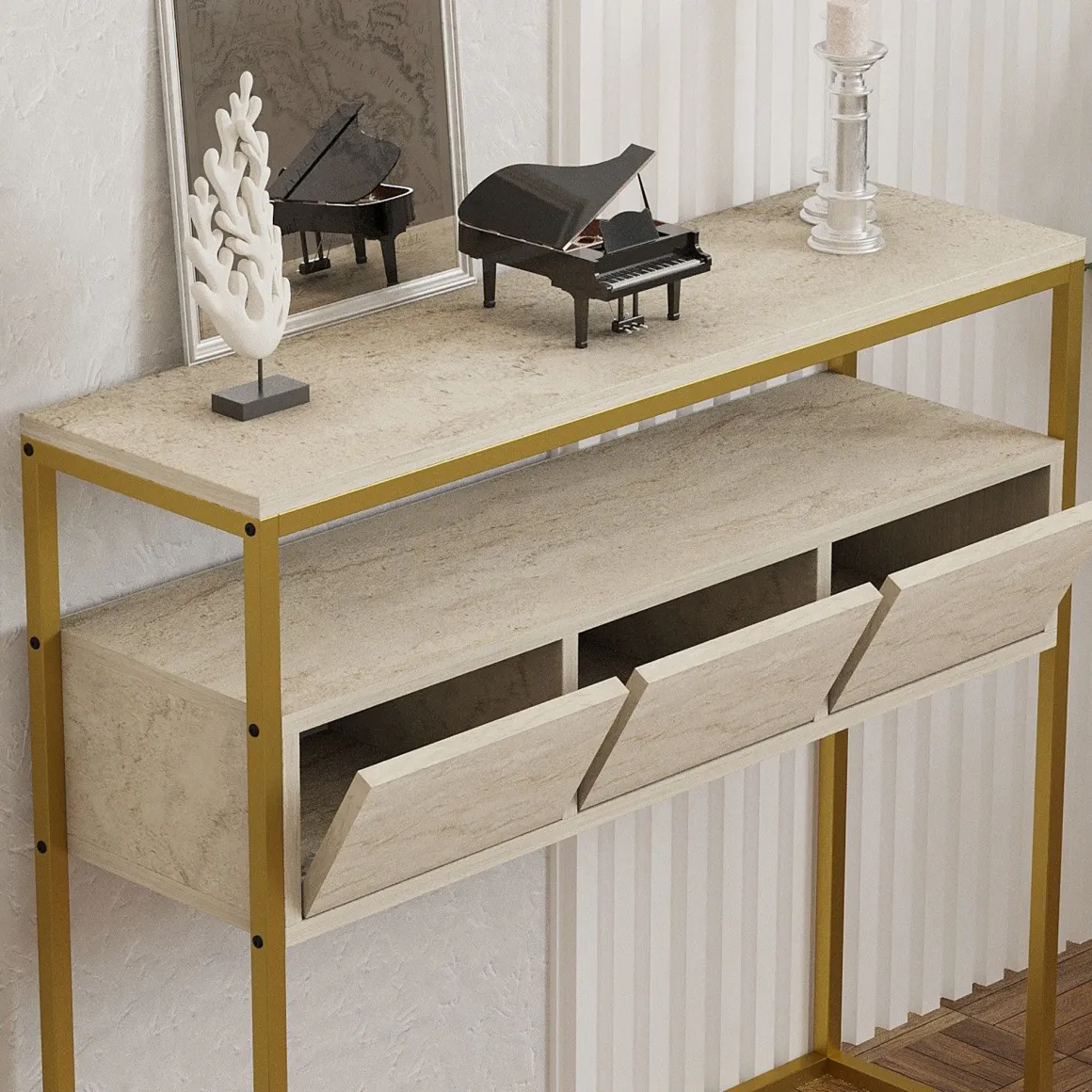 Credenza Beige Marmo oro 4 Vani 3 Ante 90x34x70h cm, Apertura a Ribalta - Gemonio