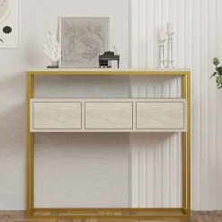 Credenza Beige Marmo oro 4 Vani 3 Ante 90x34x70h cm, Apertura a Ribalta - Gemonio