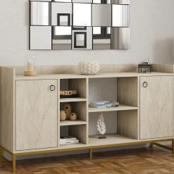 Credenza Beige Marmo 3 Ripiani 2 Ante 160x40x85h cm, 7 Vani - Gorzegno