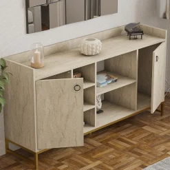 Credenza Beige Marmo 3 Ripiani 2 Ante 160x40x85h cm, 7 Vani - Gorzegno