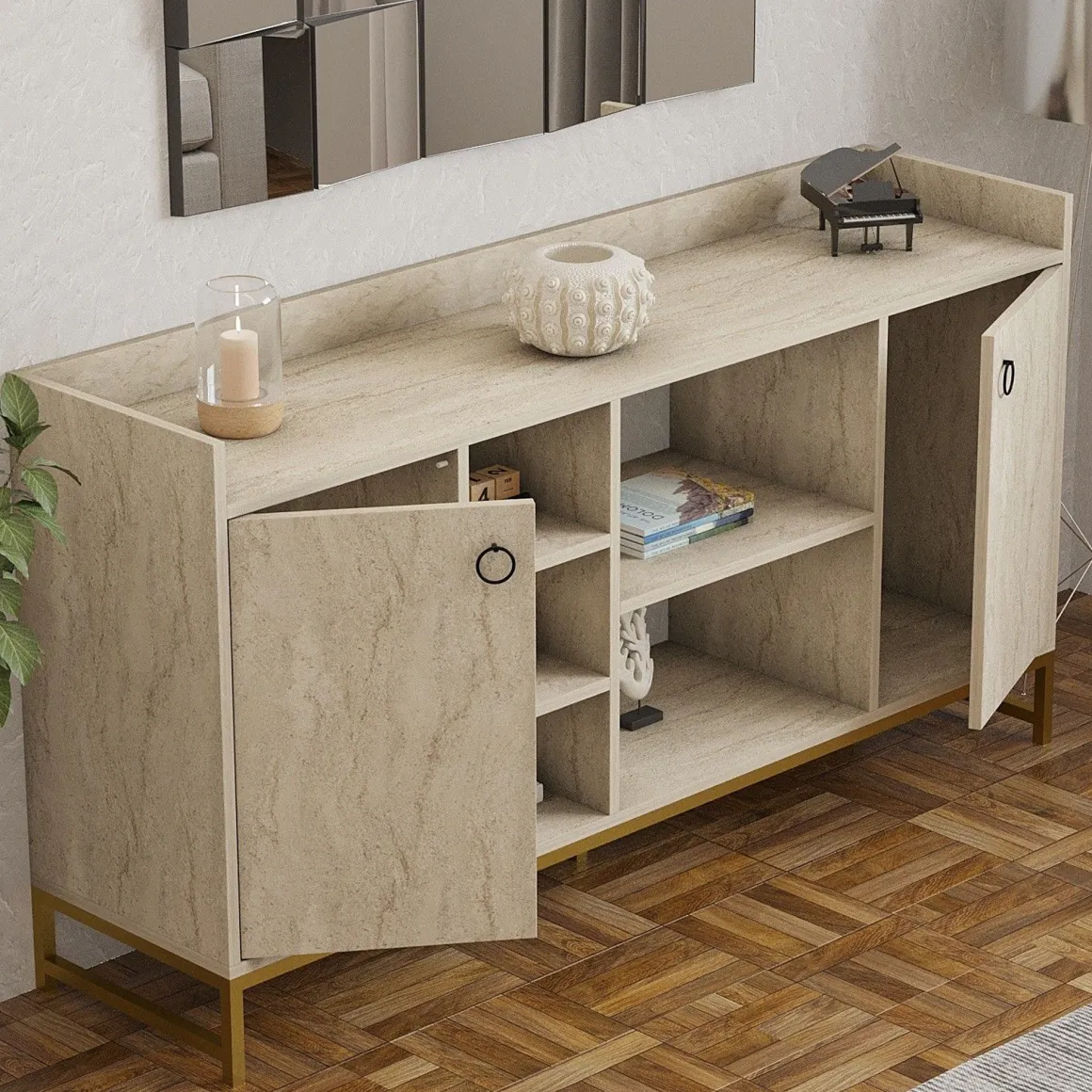 Credenza Beige Marmo 3 Ripiani 2 Ante 160x40x85h cm, 7 Vani - Gorzegno