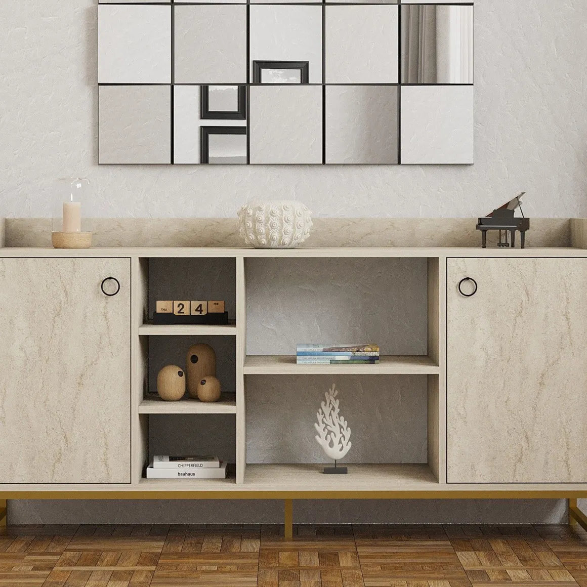 Credenza Beige Marmo 3 Ripiani 2 Ante 160x40x85h cm, 7 Vani - Gorzegno