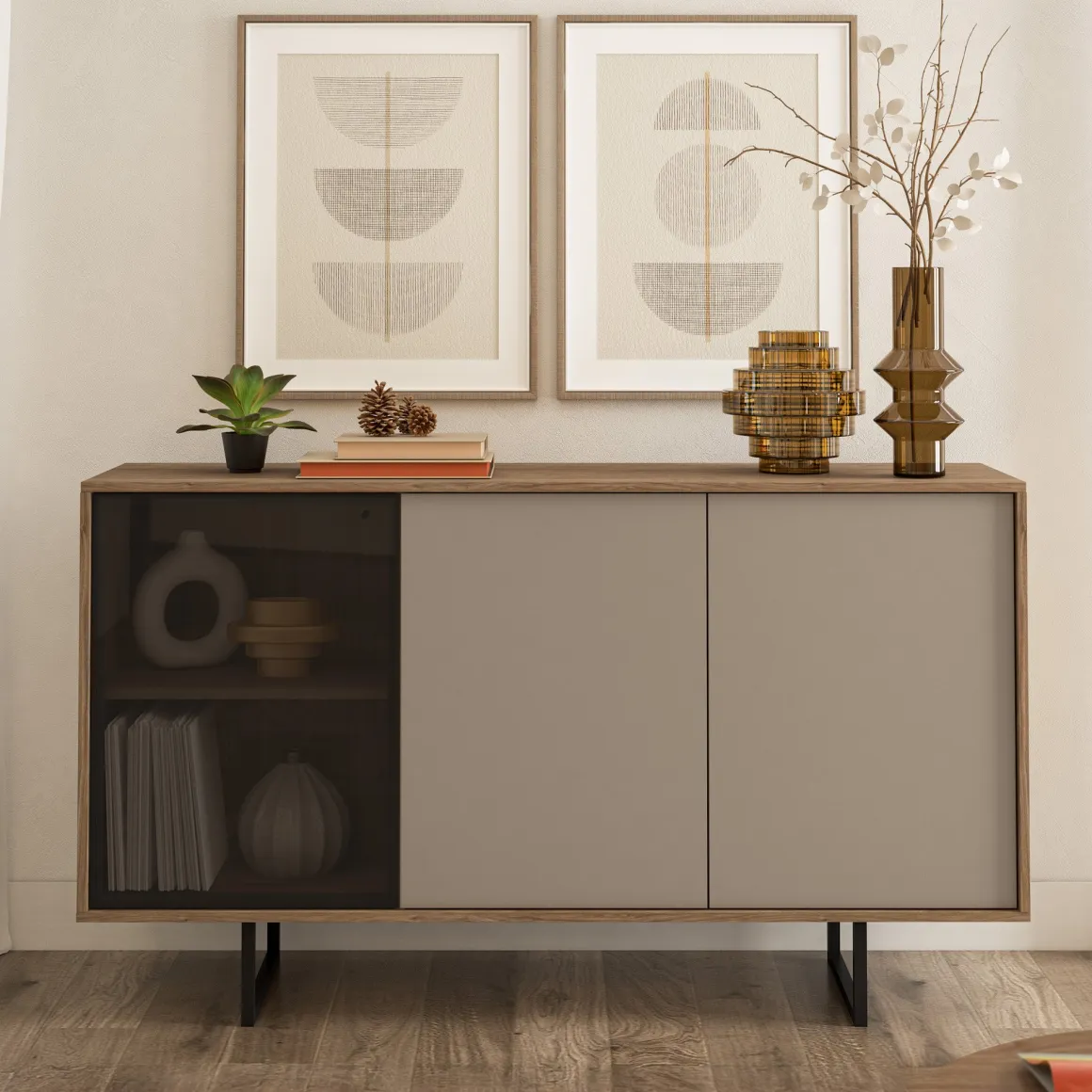 Credenza Beige Marrone Noce 3 Ripiani Apertura Battente 184x40x87h cm, 3 Ante - Capena