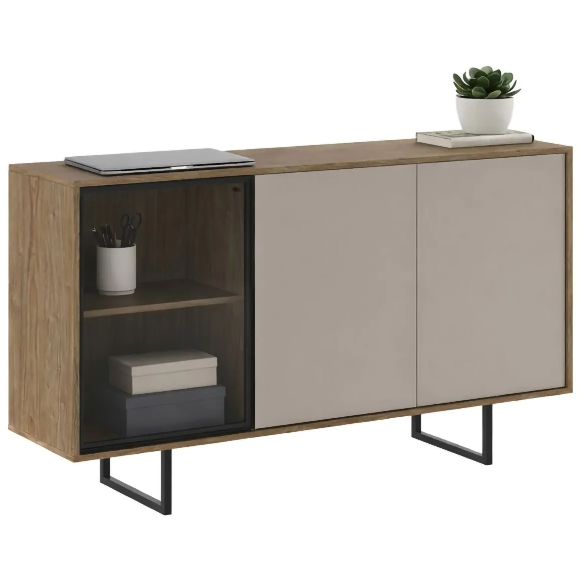 Credenza Beige Marrone Noce 3 Ripiani Apertura Battente 184x40x87h cm, 3 Ante - Capena