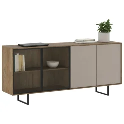 Credenza Beige Marrone Noce 3 Ripiani Apertura Battente 200x40x87h cm, 4 Ante - Malnate