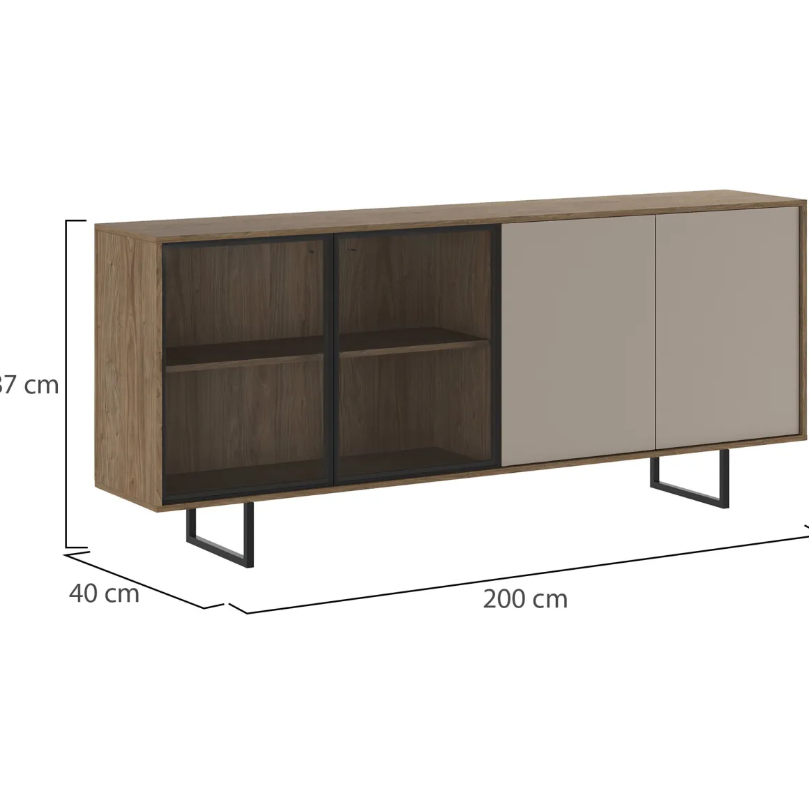 Credenza Beige Marrone Noce 3 Ripiani Apertura Battente 200x40x87h cm, 4 Ante - Malnate
