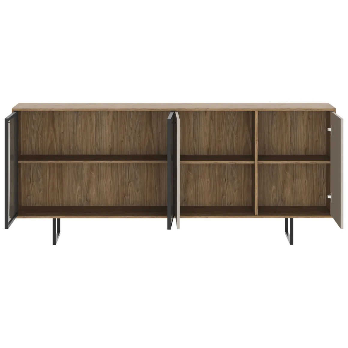 Credenza Beige Marrone Noce 3 Ripiani Apertura Battente 200x40x87h cm, 4 Ante - Malnate