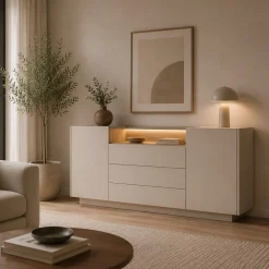 Credenze > Dmora Credenza Beige Marrone Rovere 3 Cassetti 2 Ripiani 176x40x83h cm, Apertura Battente, Scorrevole - Haleli Marrone Rovere, Beige