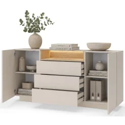 Credenze > Dmora Credenza Beige Marrone Rovere 3 Cassetti 2 Ripiani 176x40x83h cm, Apertura Battente, Scorrevole - Haleli Marrone Rovere, Beige