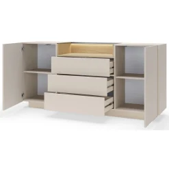 Credenze > Dmora Credenza Beige Marrone Rovere 3 Cassetti 2 Ripiani 176x40x83h cm, Apertura Battente, Scorrevole - Haleli Marrone Rovere, Beige