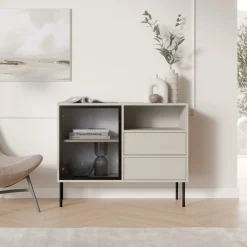 Credenza Beige Nero 2 Cassetti 2 Ripiani 100x40x80h cm, Apertura Battente, Scorrevole - Caravino