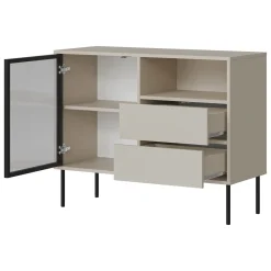 Credenza Beige Nero 2 Cassetti 2 Ripiani 100x40x80h cm, Apertura Battente, Scorrevole - Caravino