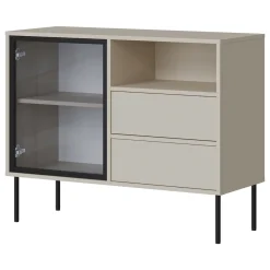 Credenza Beige Nero 2 Cassetti 2 Ripiani 100x40x80h cm, Apertura Battente, Scorrevole - Caravino