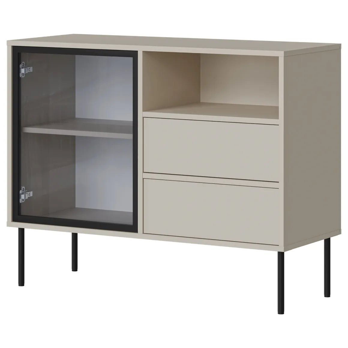 Credenza Beige Nero 2 Cassetti 2 Ripiani 100x40x80h cm, Apertura Battente, Scorrevole - Caravino