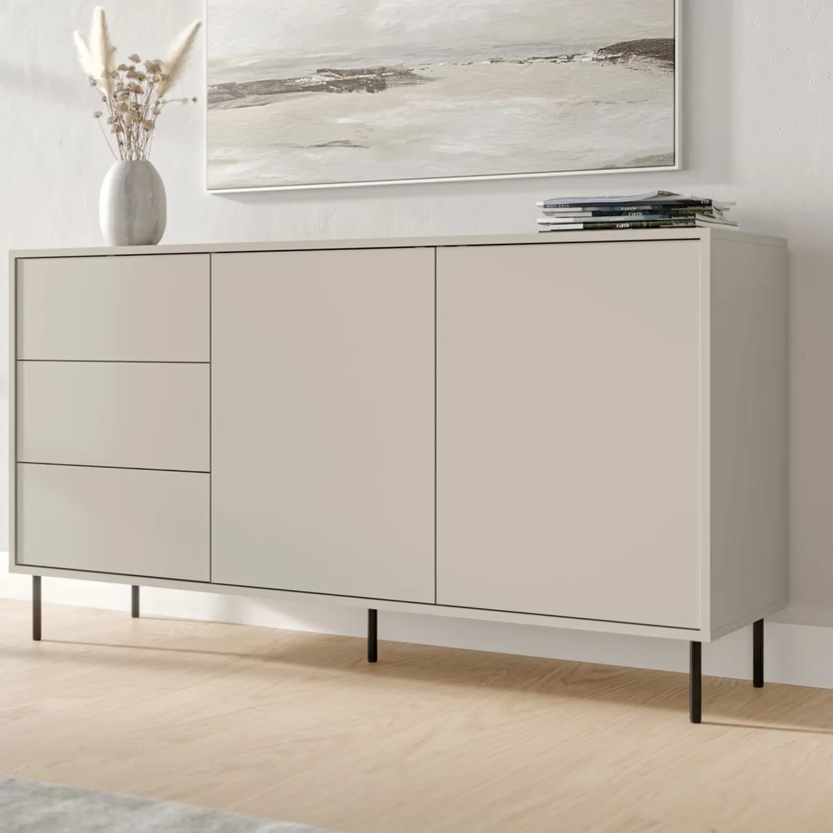Madie|Credenze > Dmora Credenza Beige Nero 3 Cassetti 2 Ripiani 150x39x80h cm, Apertura Battente, Scorrevole - Civezza Nero, Beige Cashmere