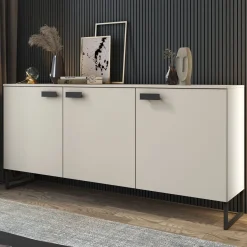Credenza Beige Nero 3 Cassetti 2 Ripiani 184x40x86h cm, Apertura Battente - Reano