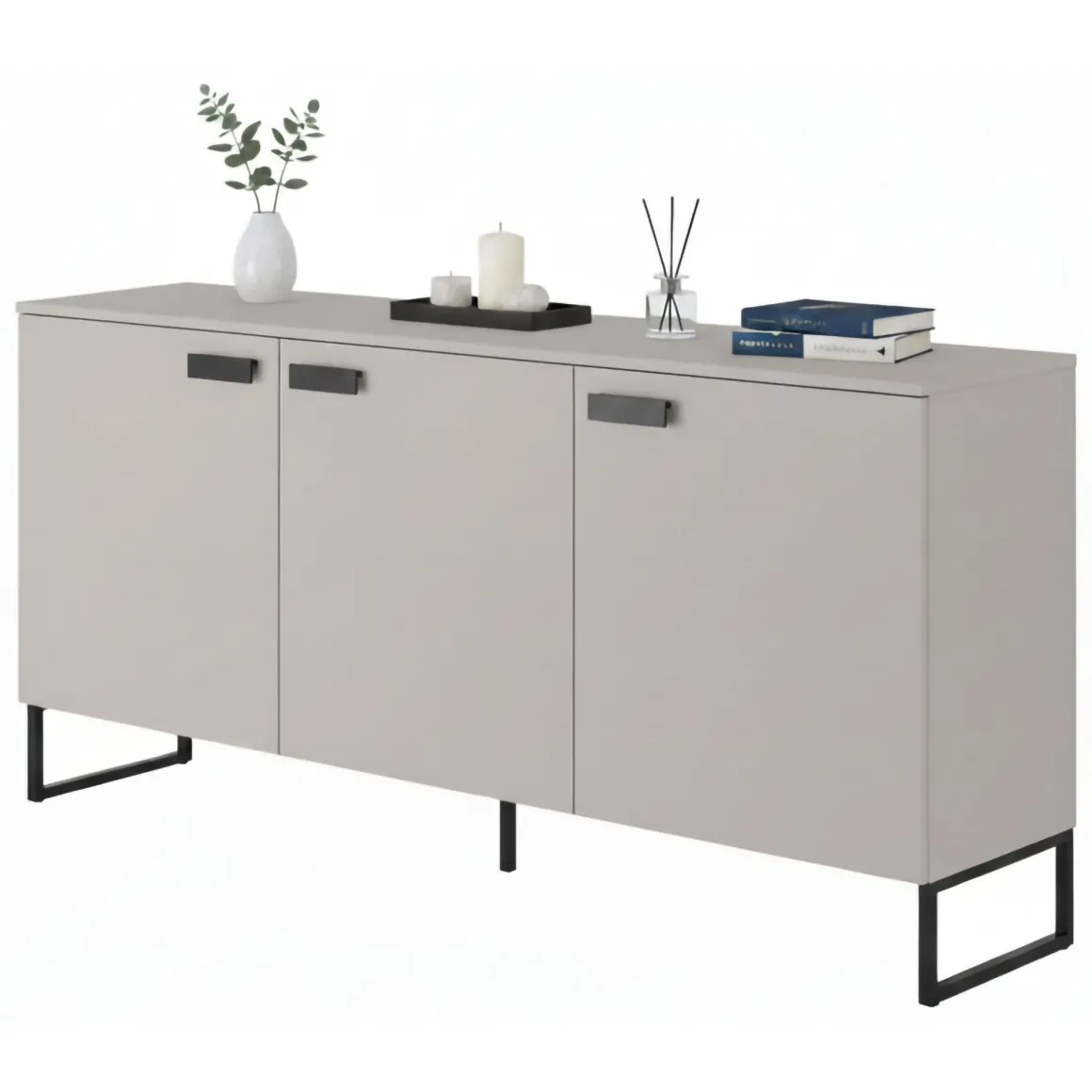 Credenza Beige Nero 3 Cassetti 2 Ripiani 184x40x86h cm, Apertura Battente - Reano