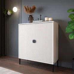 Madie|Credenze > Dmora Credenza Beige Nero Cassetti 4 Ripiani 104x40x129h cm, Apertura Battente - Wallis Nero, Beige Cashmere