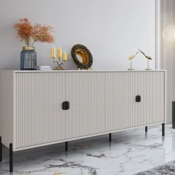 Credenza Beige Nero Cassetti 4 Ripiani 203x49x83h cm, Apertura Battente - Arpina