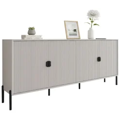Credenza Beige Nero Cassetti 4 Ripiani 203x49x83h cm, Apertura Battente - Arpina