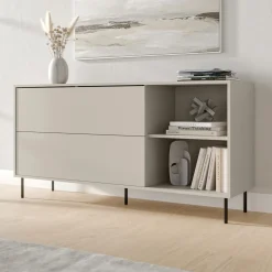Credenze > Dmora Credenza Beige Nero 2 Ripiani Apertura a Ribalta 150x39x75h cm, 2 Ante - Cogoleto Nero, Beige Cashmere