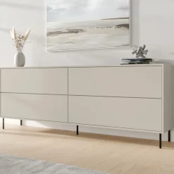 Credenza Beige Nero 2 Ripiani Apertura a Ribalta 200x39x75h cm, 4 Ante - Cataldo